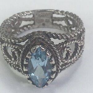 Sterling Silver Vintage Avon Filigree Marquis Blue Topaz Ring Size 6.5